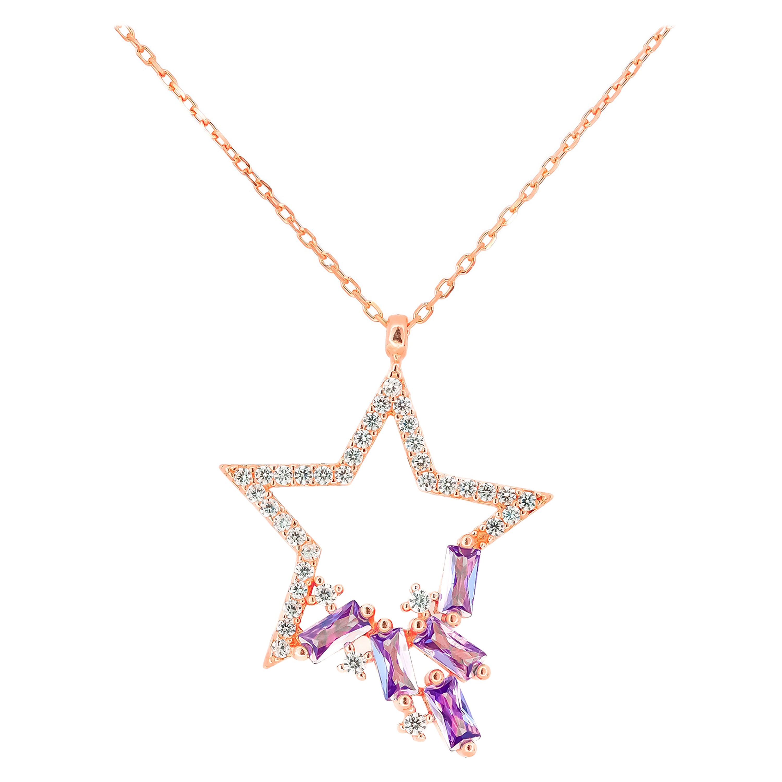 Star Pendant Necklace with Diamonds and Amethysts in 14k Gold For Sale