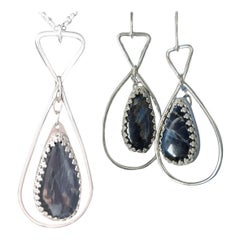 Deep Blue Patterned Pietersite Necklace and Earrings Set