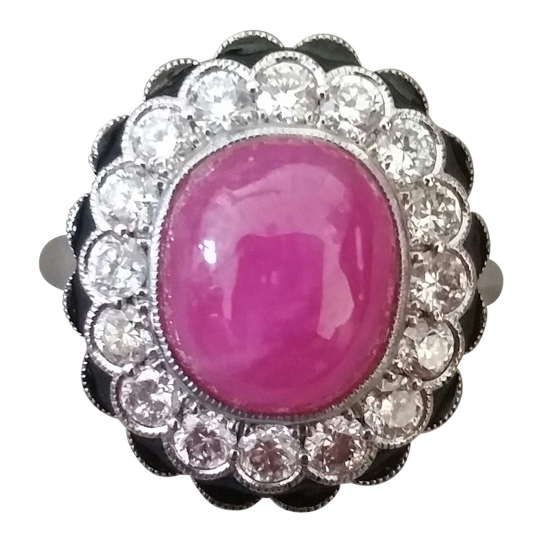 10 Carat Oval Ruby Cab 1 Carat Diamonds Red Enamel 14k White Gold Cocktail Ring