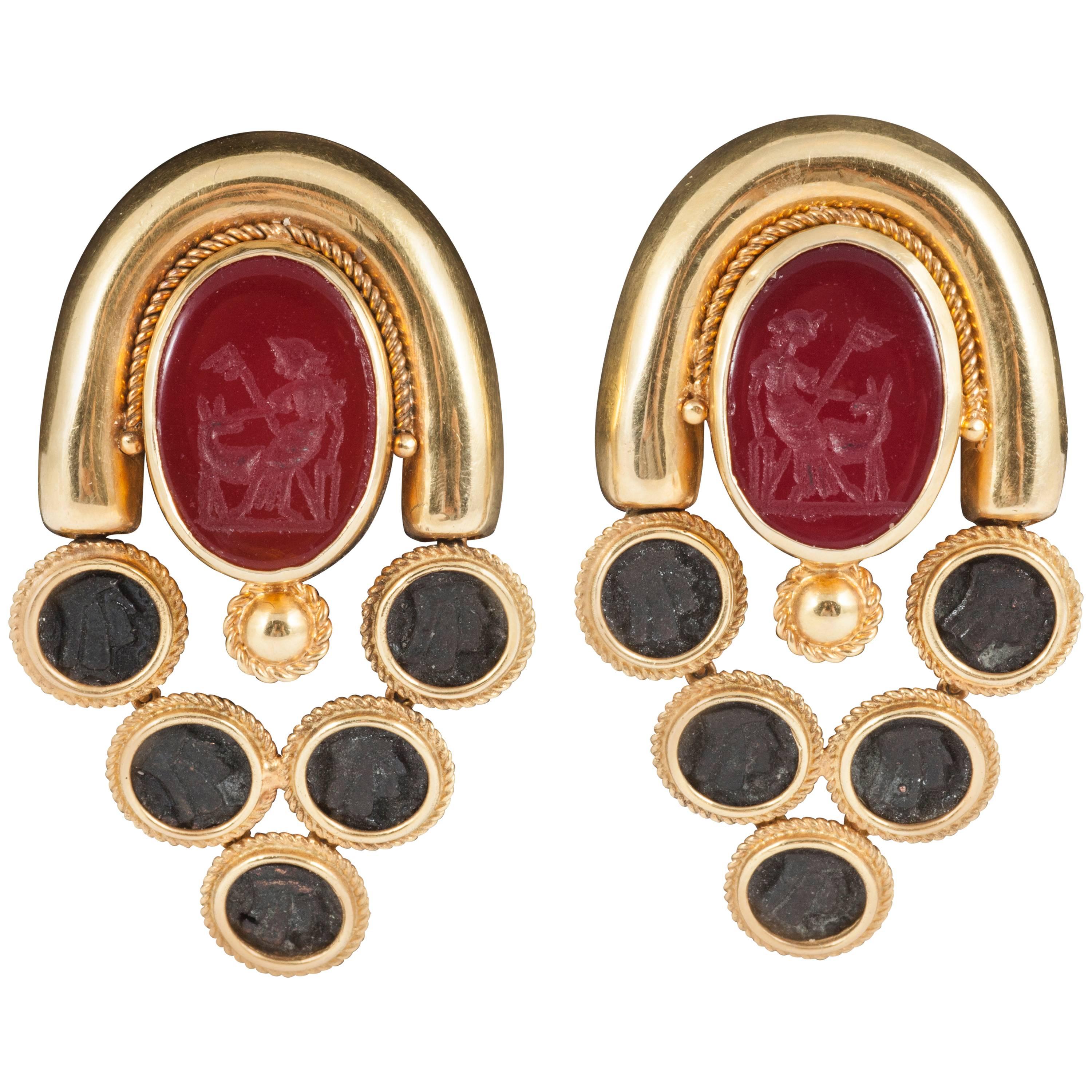 Classical Roman Style Carnelian Intaglio Clip Earrings For Sale