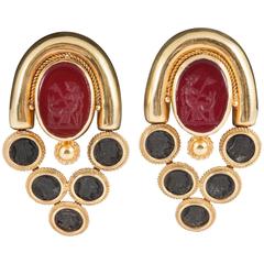 Classical Roman Style Carnelian Intaglio Clip Earrings