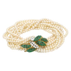 Vintage Emerald and Diamond 18k Yellow Gold Multi-Strand Seed Pearl Bracelet