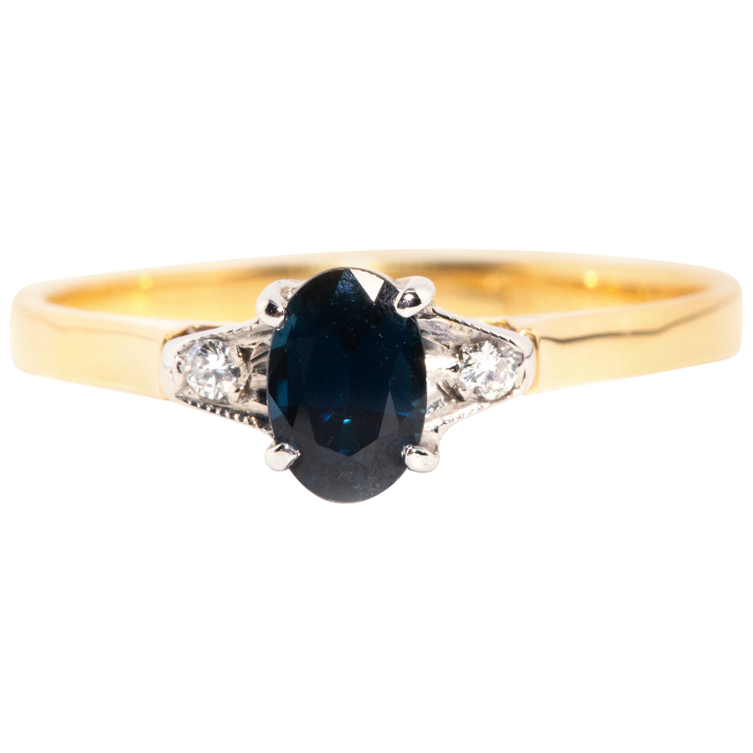 Vintage circa 1990s 18 Carat Gold Diamond & Deep Blue Sapphire Three Stone Ring