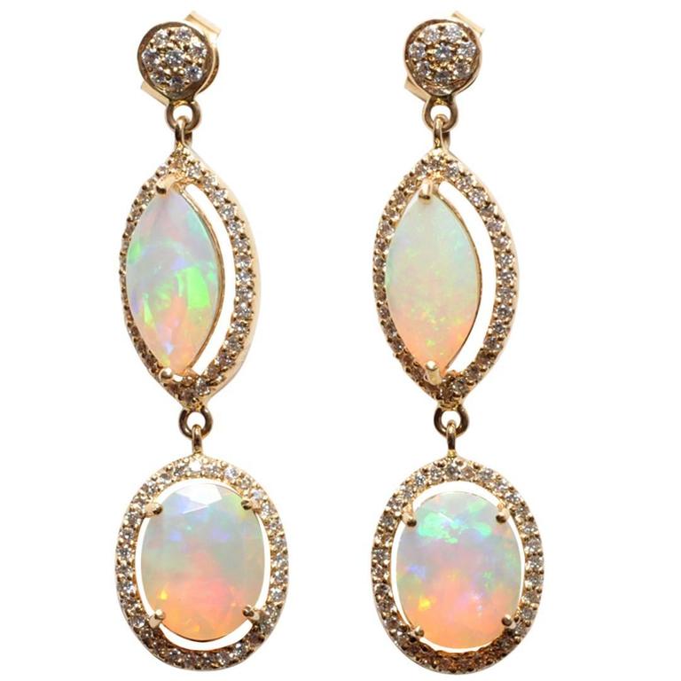 Opal, Diamond and 18K Gold Dangle Earrings at 1stDibs