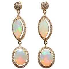 Vintage Opal, Diamond and 18K Gold Dangle Earrings