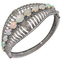 Fiery Opal and Diamond Bracelet in Oxidized Sterling