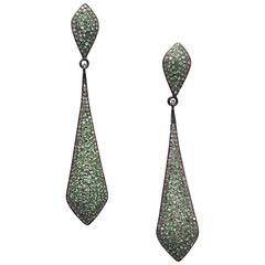 Pave set Tsavorite Diamond Oxidized Sterling Earrings 