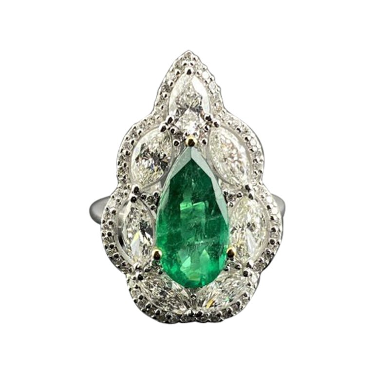 2.53 Carat Pear Shape Emerald and Diamond Cocktail Engagement Ring For Sale