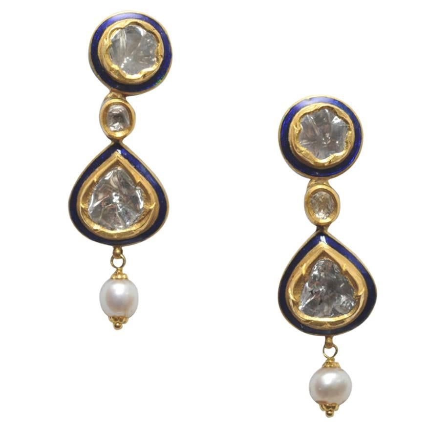 Indian Rosecut Diamonds, Blue Enamel and 22 Karat Gold Earrings with Pearl Drop