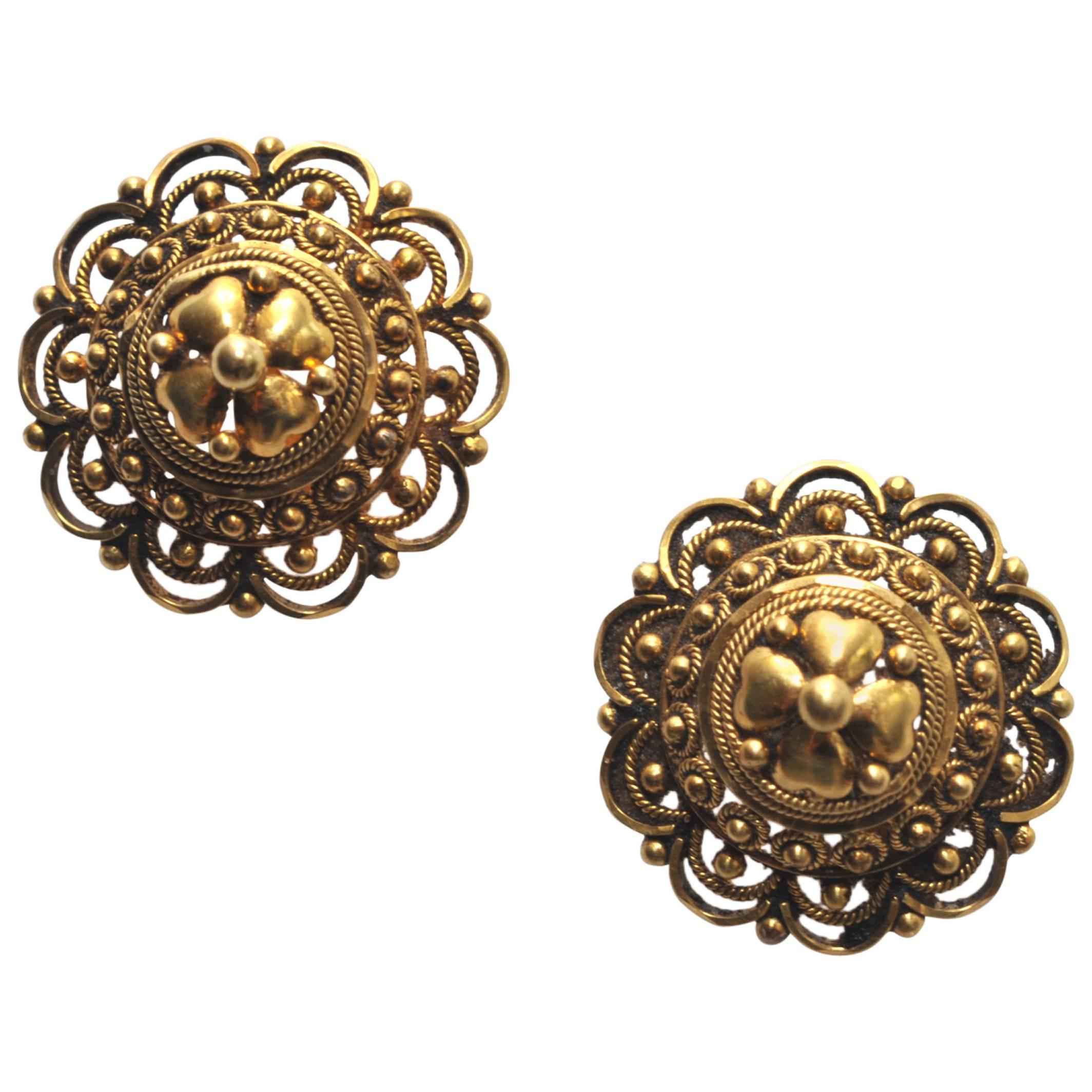 Indian Hand-Tooled Gold Stud Earrings For Sale