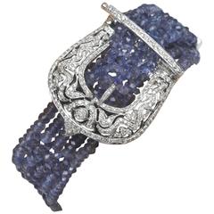 Faceted Beaded Iolite and Diamond 18K White Gold Five Strand Buckle Bracelet 11
