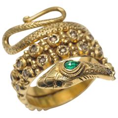 Retro Emerald Sapphire Faceted Diamonds Gold Coiled Snake Ring