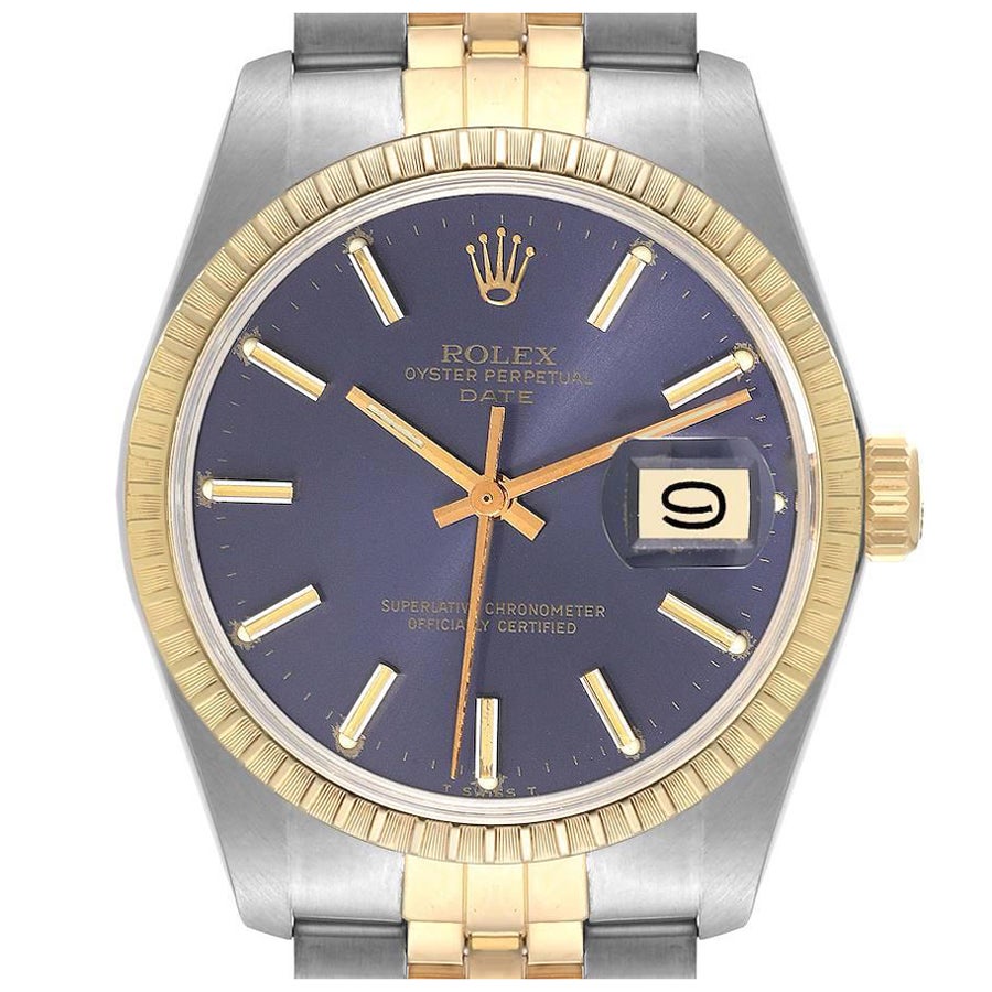 Rolex Date Steel Yellow Gold Blue Dial Vintage Mens Watch 1505