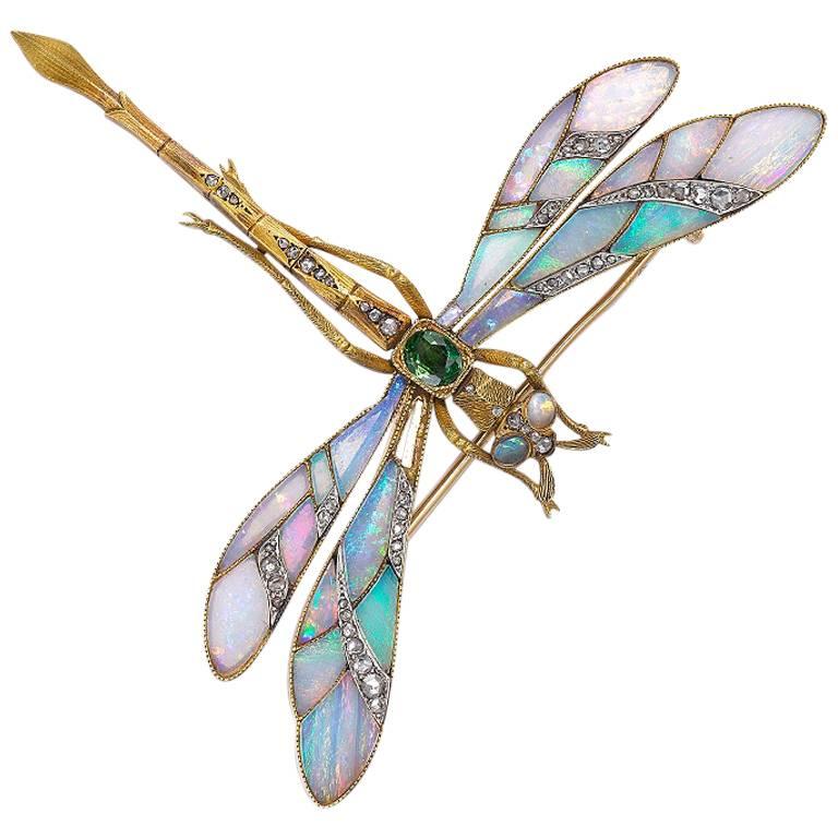 Broche libellule Gaston Lafitte Opale Diamant Tremblant en vente