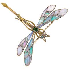 Retro Gaston Lafitte Opal Diamond Tremblant Dragonfly Brooch