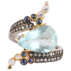 Victorian Style Diamond 925 Sterling Silver Aquamarine & Blue Sapphire Ring