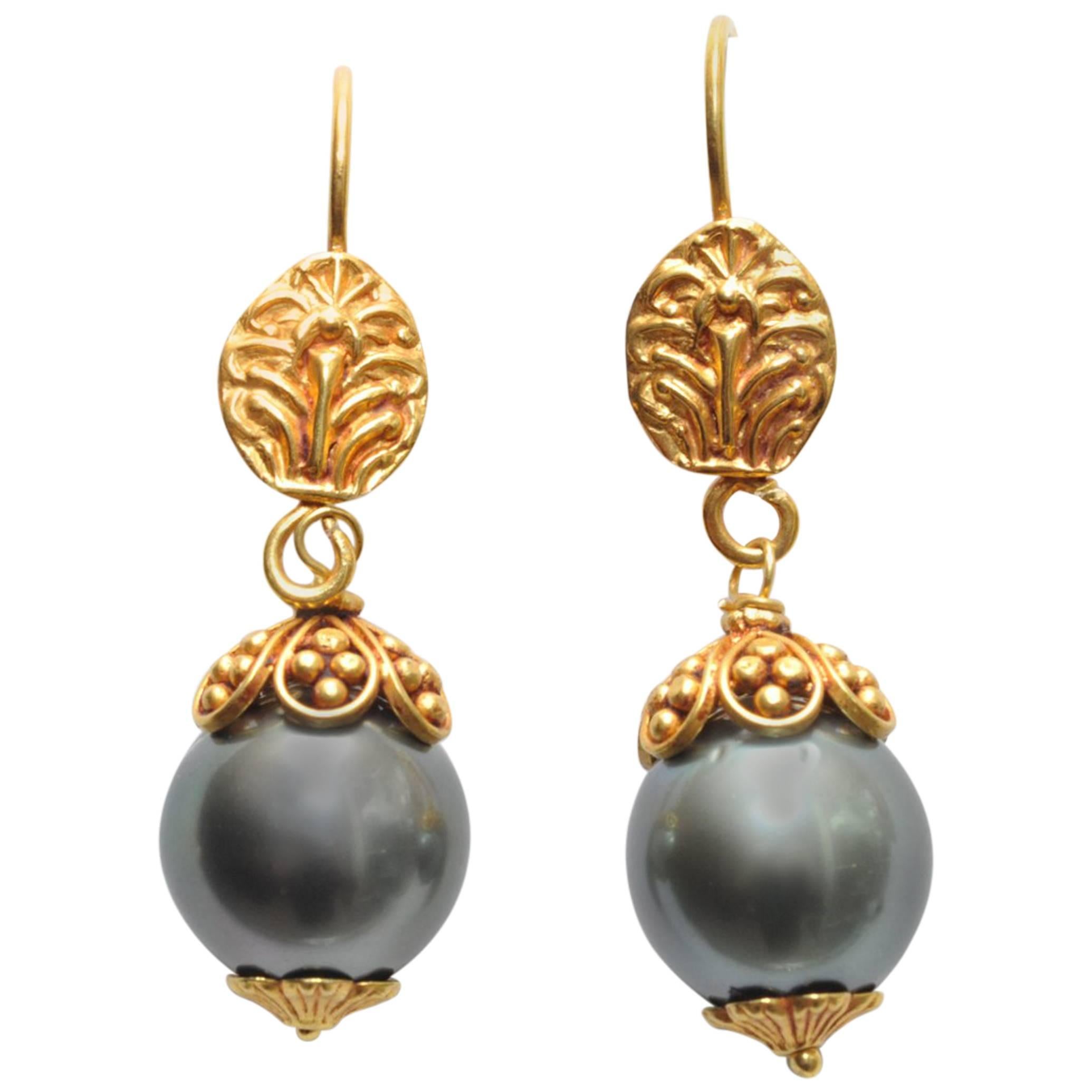 Tahitian Pearl Drop 22K Gold  Earrings 