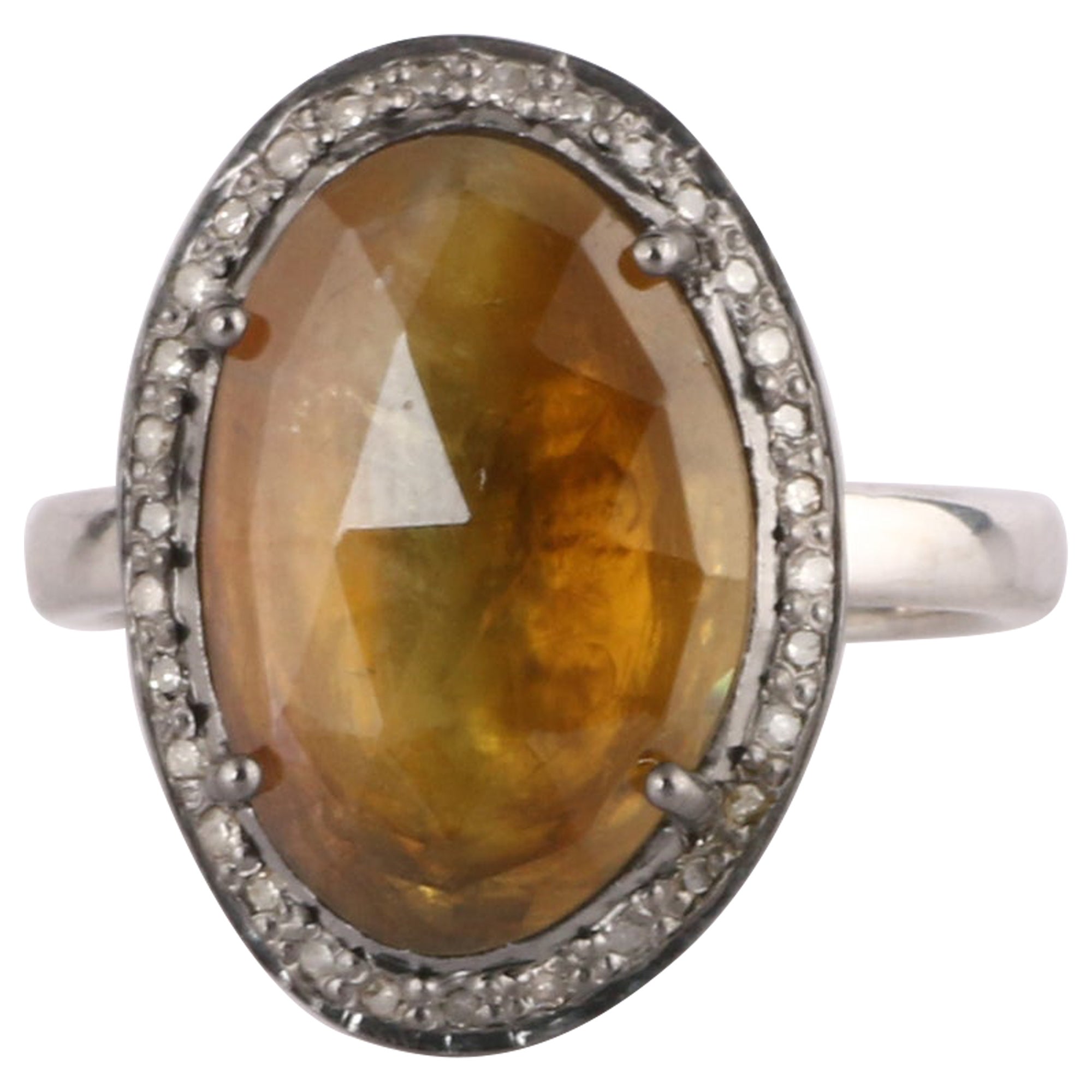 925 Sterling Silver Diamond Amber Stone Victorian Style Solitaire Ring For Sale