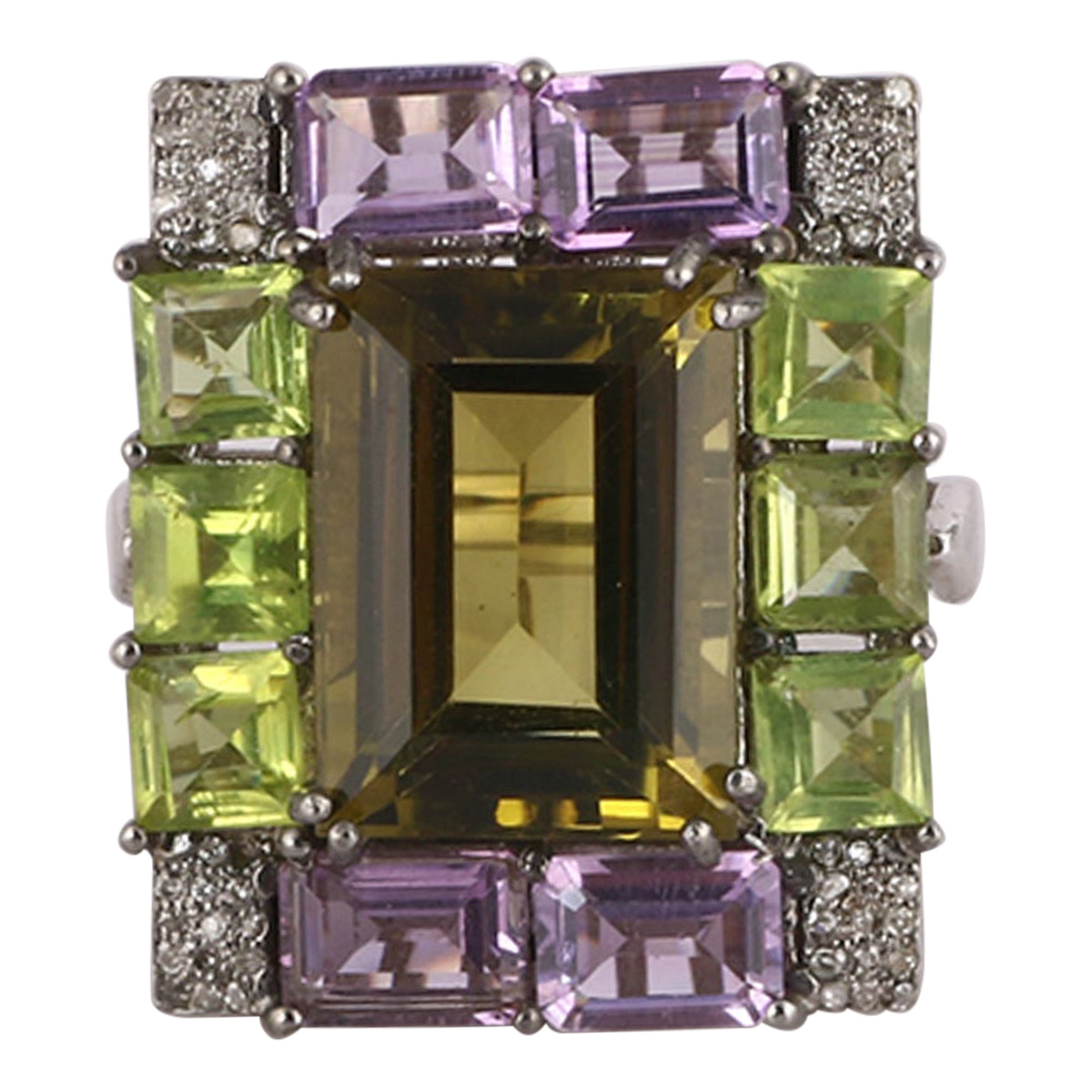 Cocktail-Ring im Vintage-Stil, Diamant 925 Silber Peridot Amethyst, Zitronenquarz