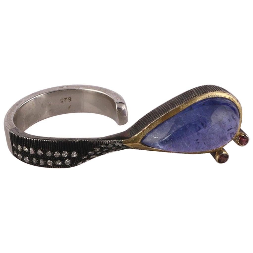 Vintage Style Diamond 925 Sterling Silver Tanzanite Adjustable Cocktail Ring For Sale