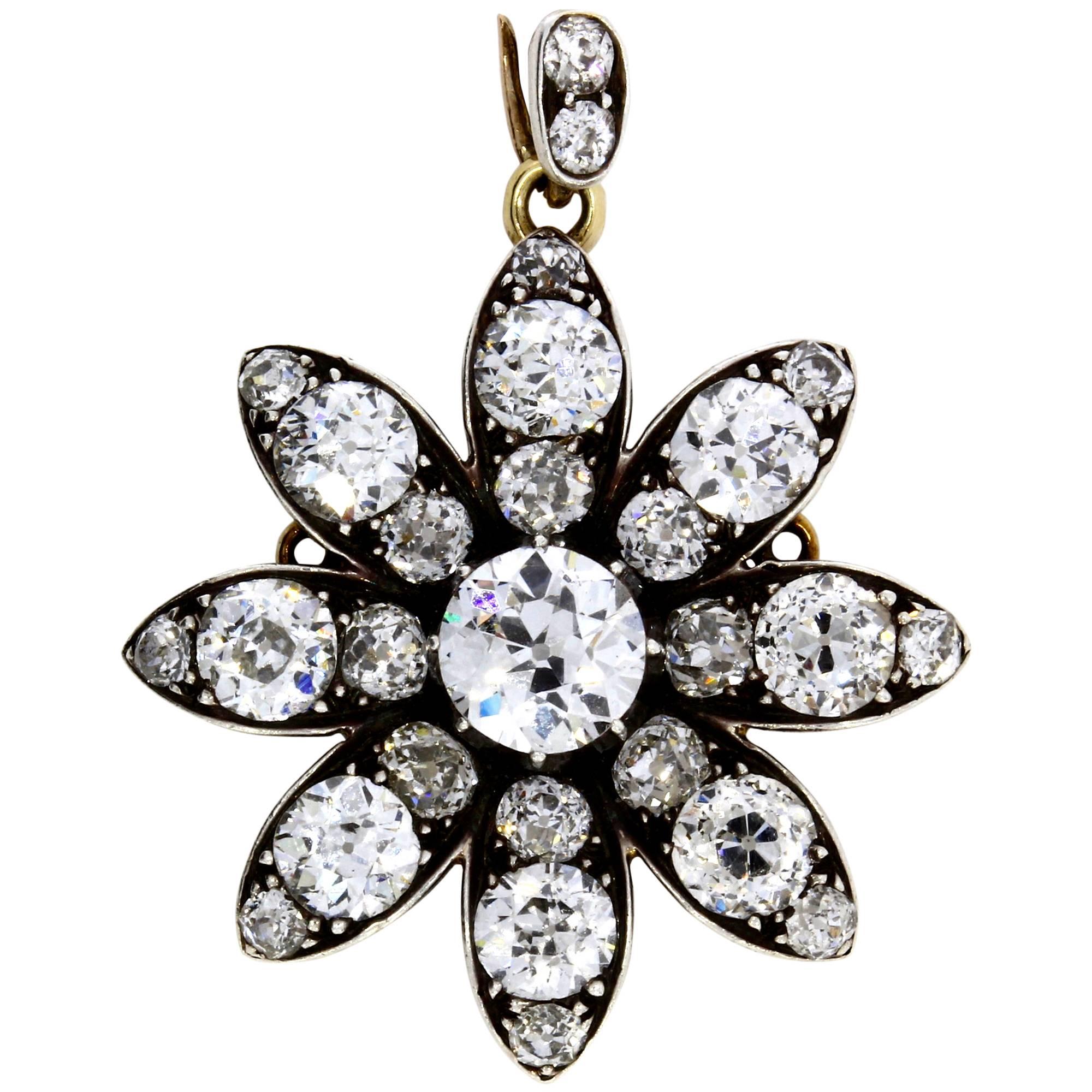 Victorian old cut diamond flower pendant brooch For Sale