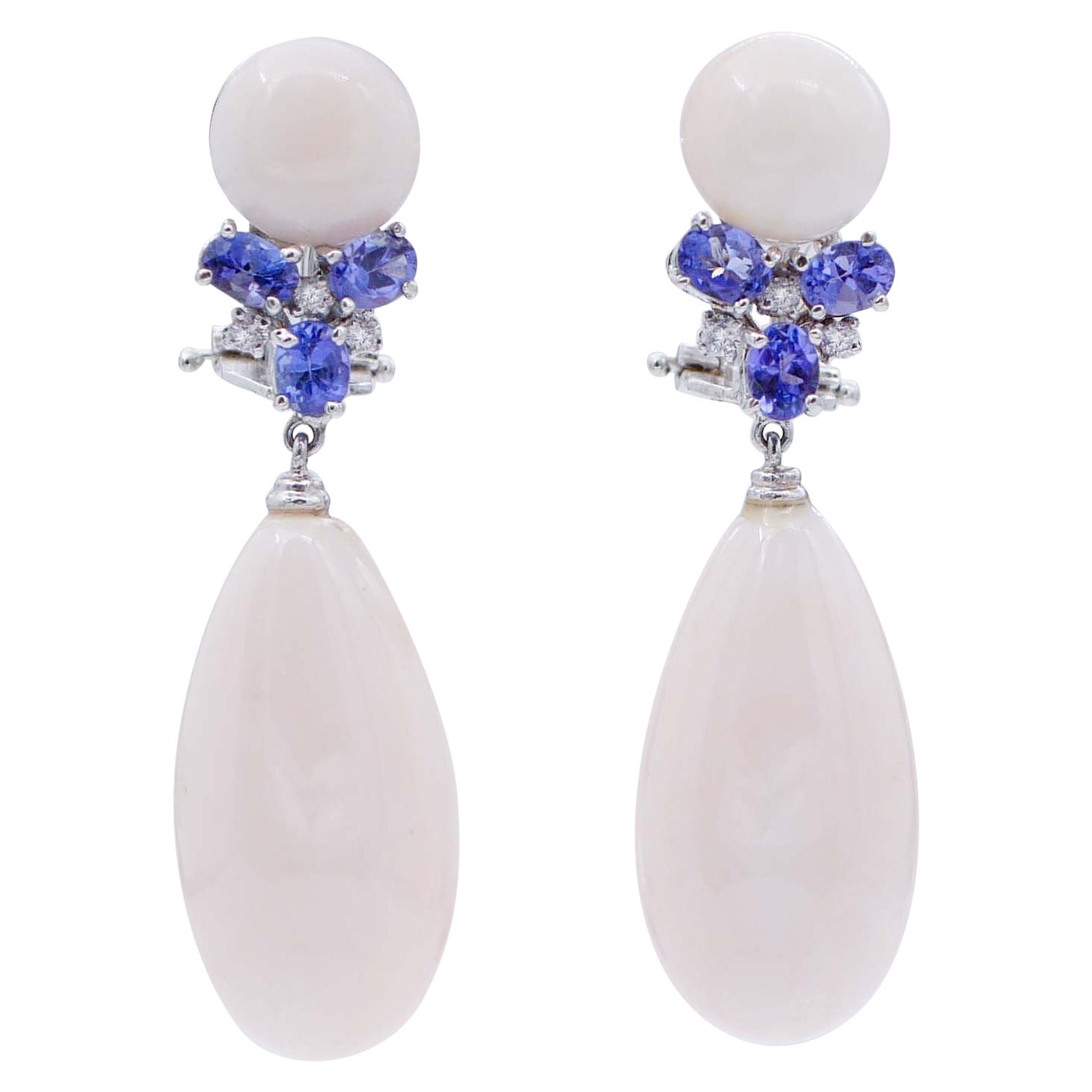 Coral, Tanzanite, Diamonds, 14 Karat White Gold and Platinum Dangle Earrings For Sale
