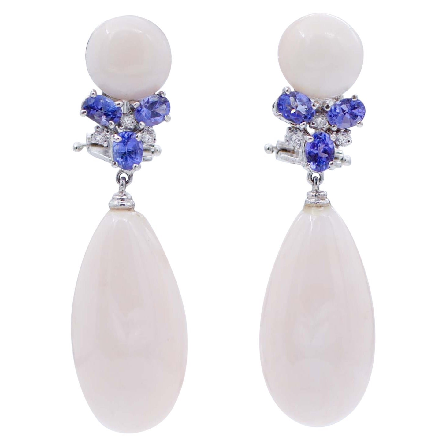 Coral, Tanzanite, Diamonds, 14 Karat White Gold and Platinum Dangle Earrings