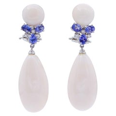 Coral, Tanzanite, Diamonds, 14 Karat White Gold and Platinum Dangle Earrings