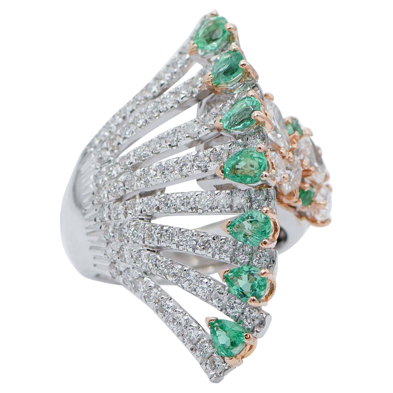 Emeralds, Diamonds, 18 Karat White and Rose Gold Ring For Sale