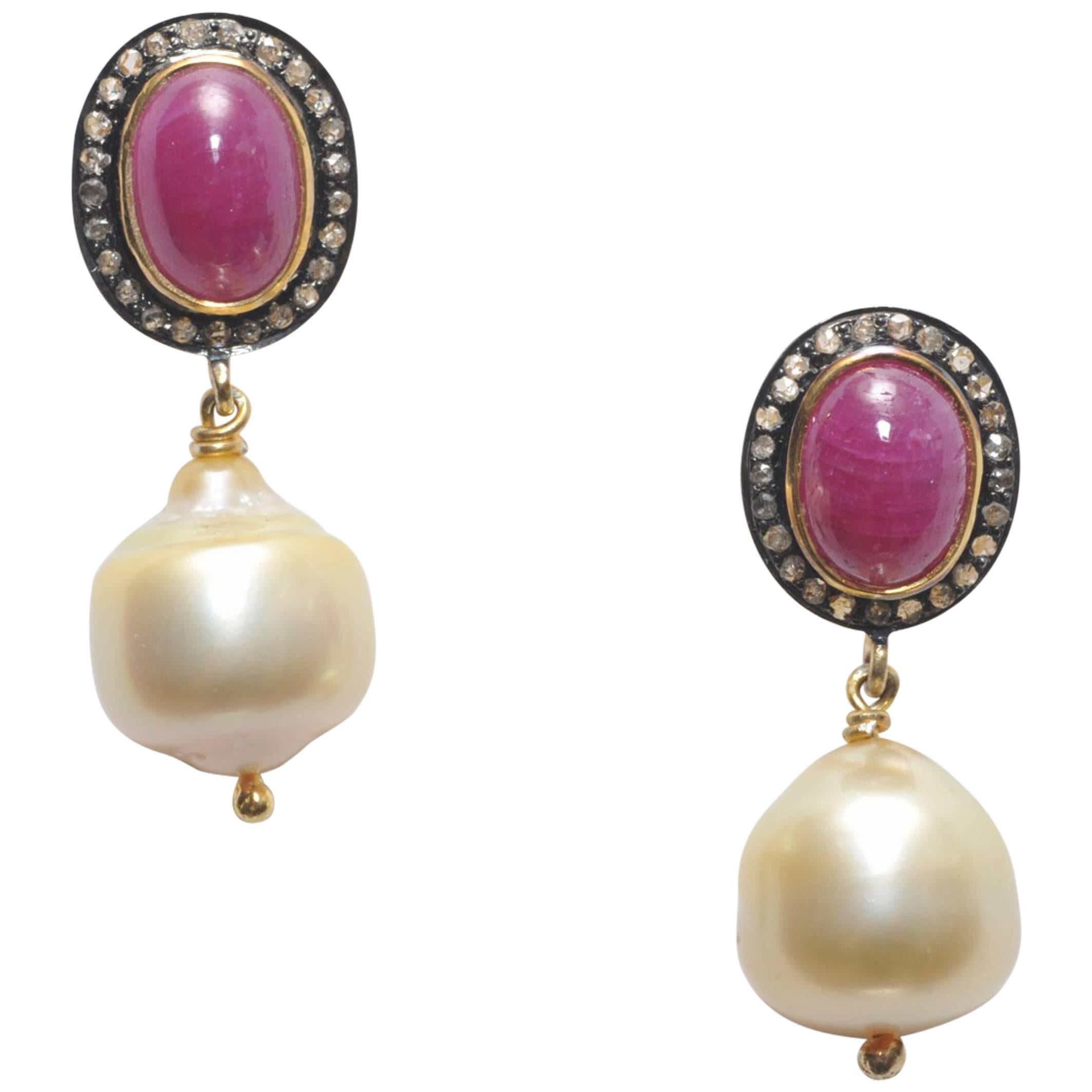 Cabochon Ruby and Diamond Post with Baroque Pearl Drop