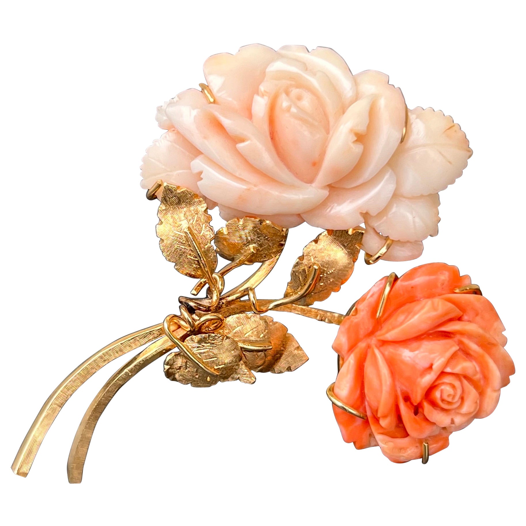 Large 14 Karat Gold Carved Coral Rose Floral Pin Brooch For Sale