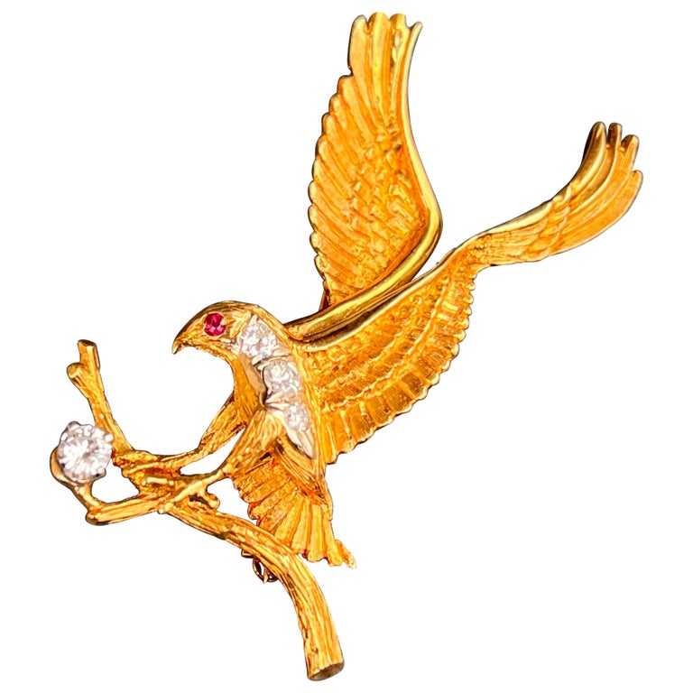 Diamond 18 Karat Gold American Bald Eagle Pin with Ruby Eyes For Sale