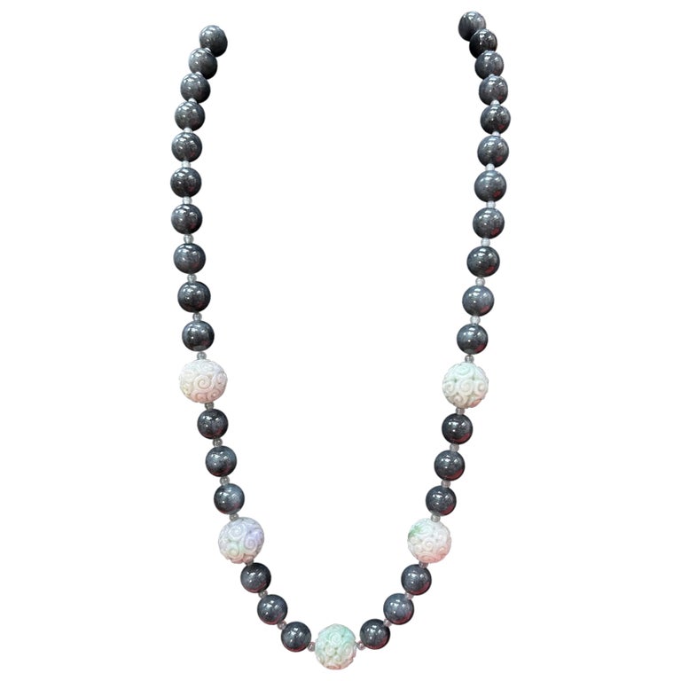 Certified 850 Cts Jade Bead Necklace. Lavender, Green, Black and Grey