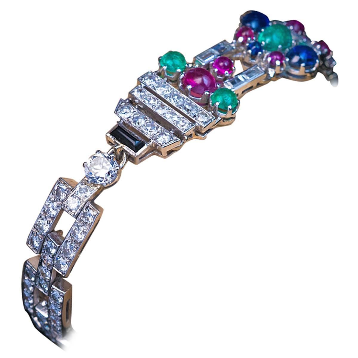 Art Deco Tutti Frutti Gemstone Platinum Bracelet
