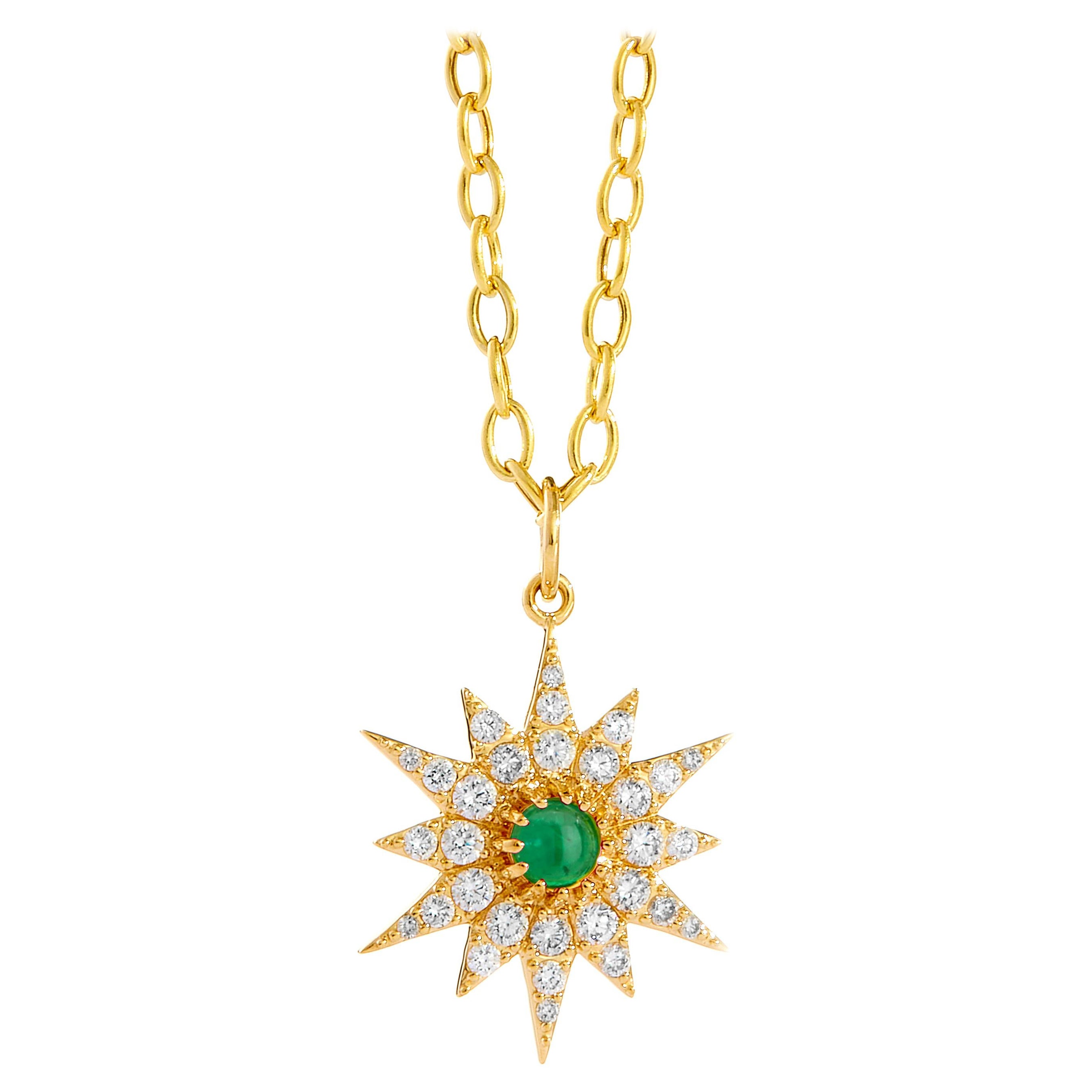 Syna Yellow Gold Starburst Pendant with Emerald and Champagne Diamonds For Sale