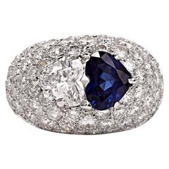 Sapphire Diamond Platinum Cluster Dome Heart Ring