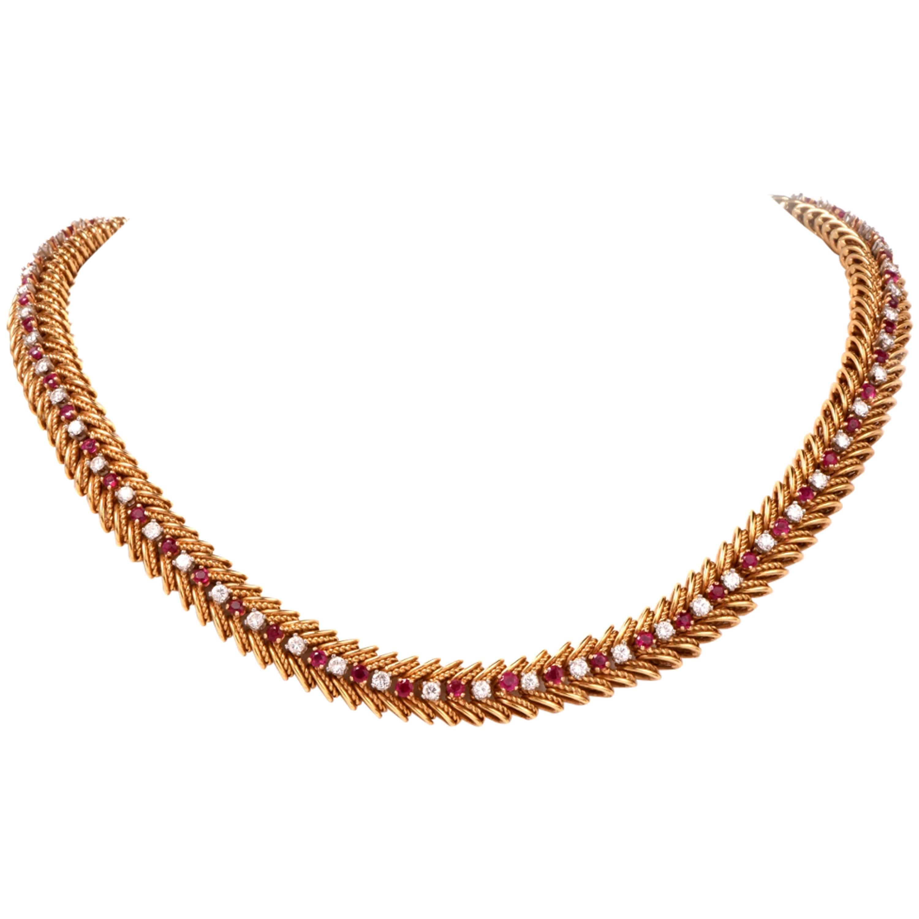 1950s Retro Ruby Diamond Gold Necklace