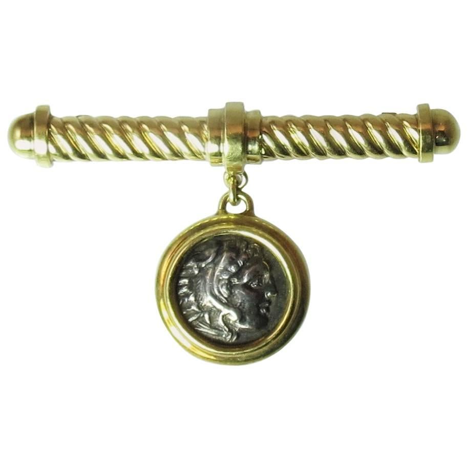 Alexander the Great Roman Coin Gold Flexible Bar Pin For Sale