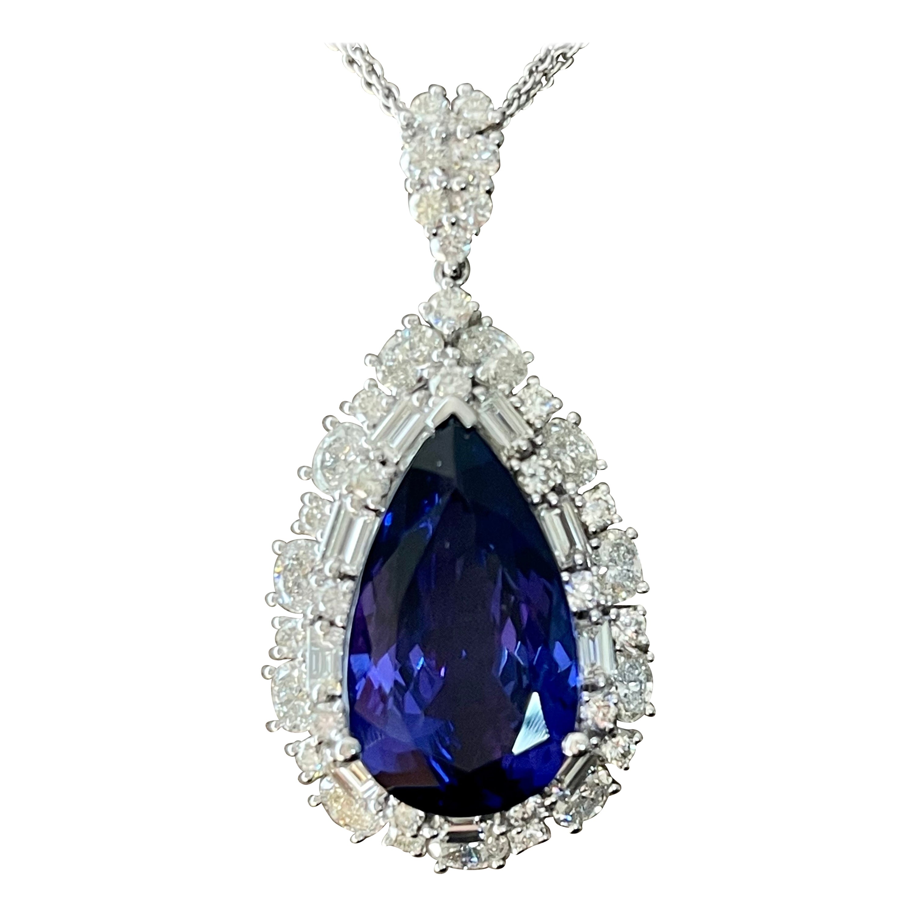 12.90 Carat Tanzanite Diamond Pendant with Chain 18k White Gold