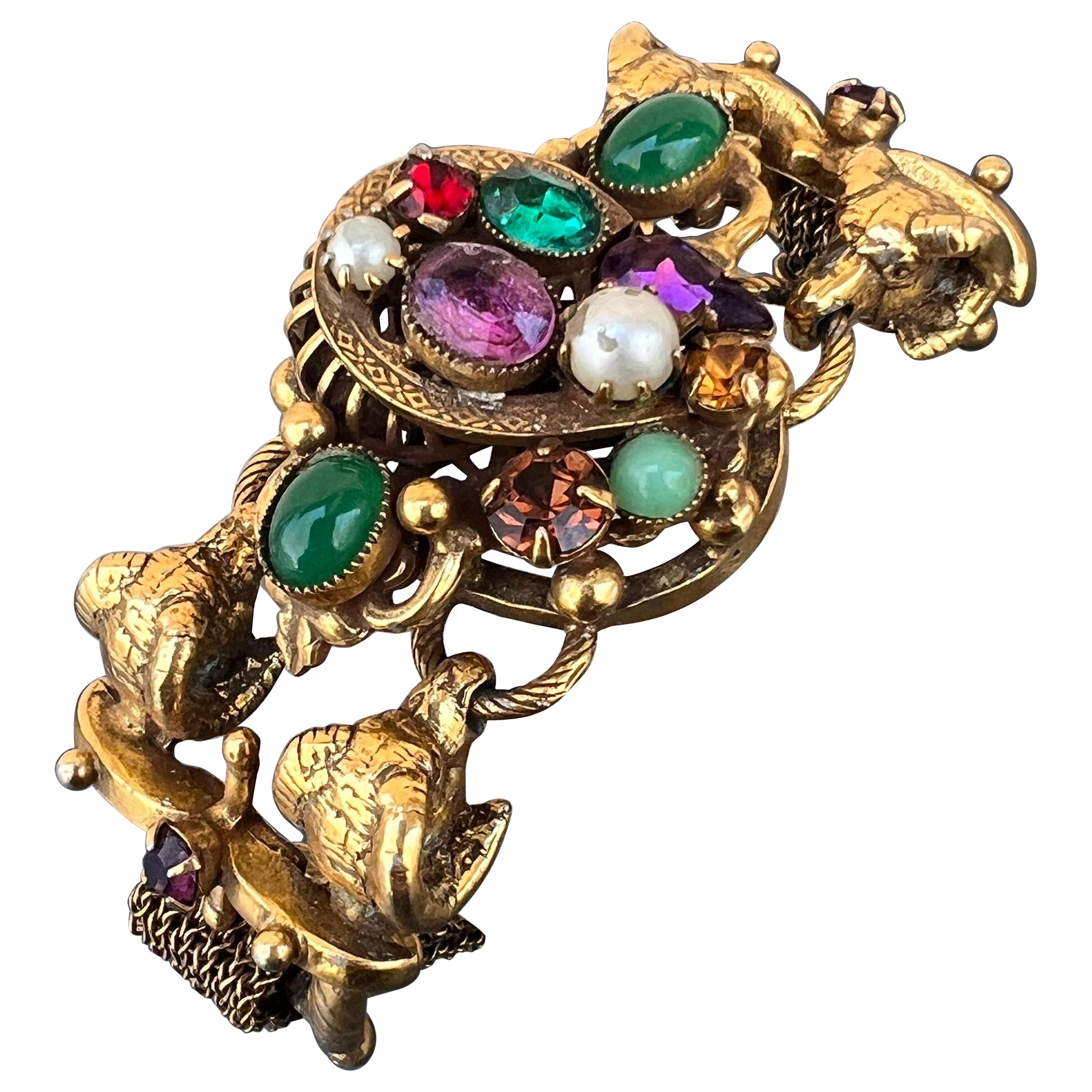 Vintage Gold Plated Unsigned Designer Statement Bracelet with Rams Head For Sale