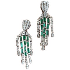 1.42 Carats, Natural Zambian Emerald and Diamonds Chandelier / Dangle Earrings