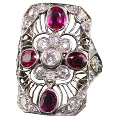 Antique Art Deco Platinum Old European Diamond and Ruby Filigree Shield Ring