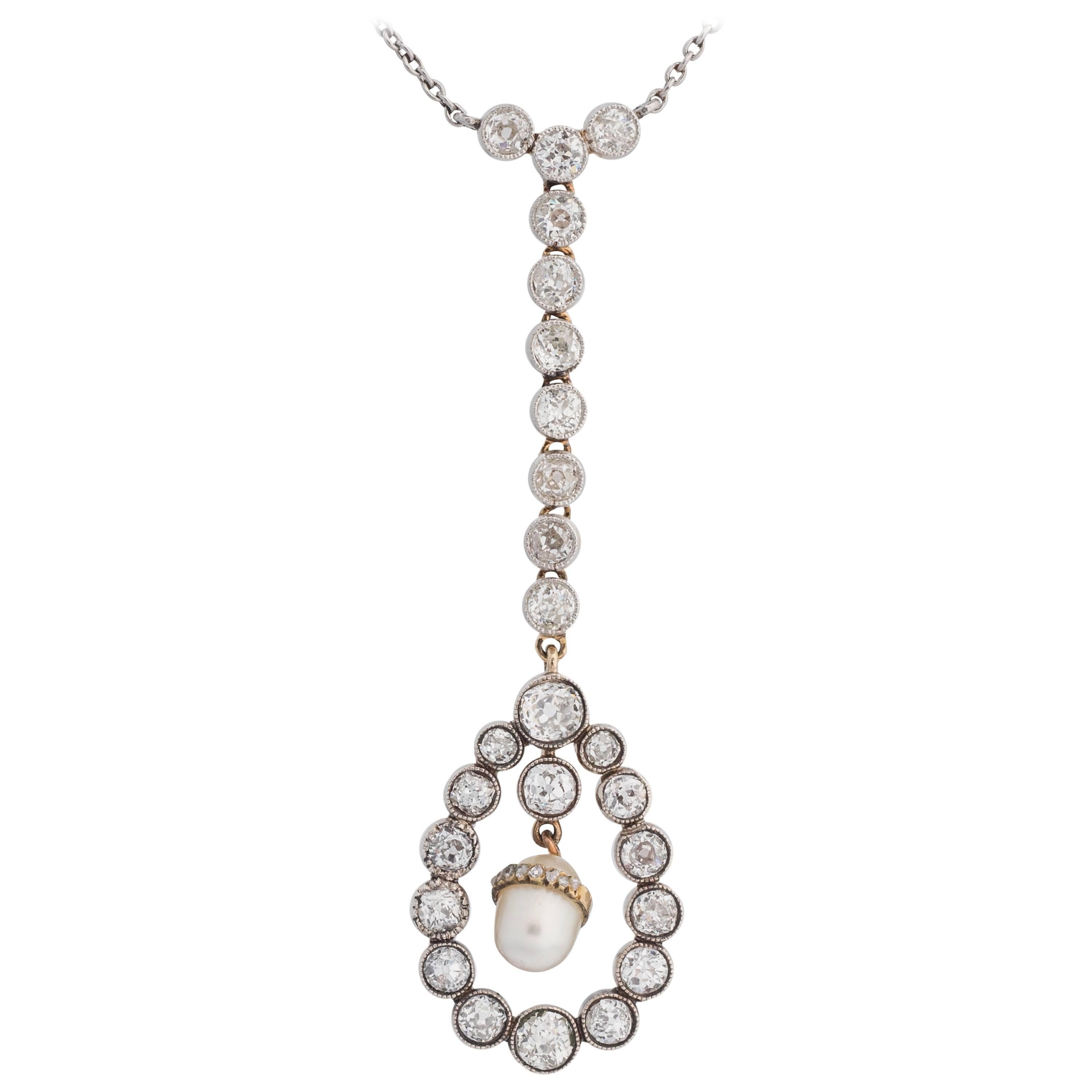 1920s 4 Carat Diamond and Pearl 14 Karat Two Tone Gold Drop Necklace For Sale