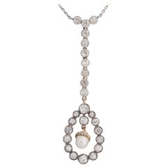 1920s 4 Carat Diamond and Pearl 14 Karat Two Tone Gold Drop Necklace