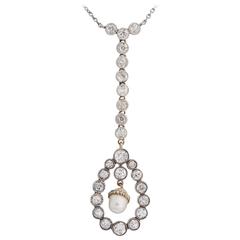 Early Art Deco Pearl Diamond Two-Tone Gold Drop Necklace 12