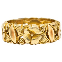 Art Nouveau 14 Karat Yellow Gold Pansy Antique Floral Eternity Band Ring