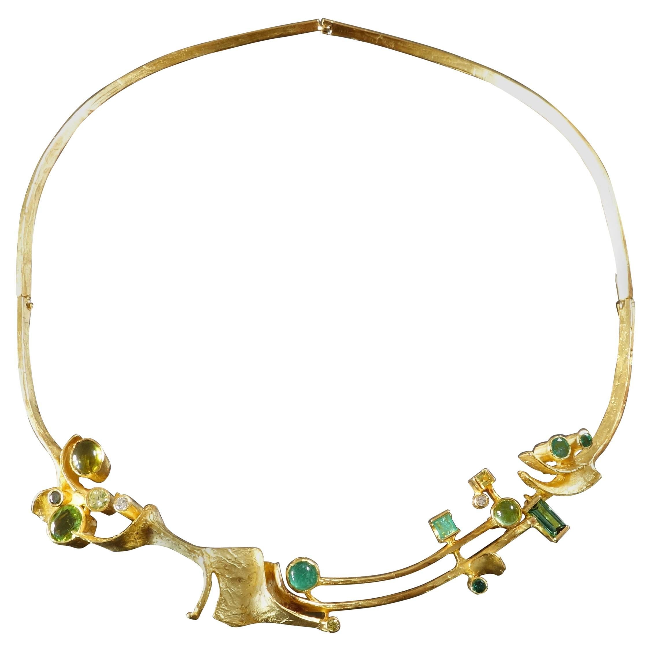 Klaus Neubauer 1970s Unique Modernist Green Gemstones Gold Necklace For Sale