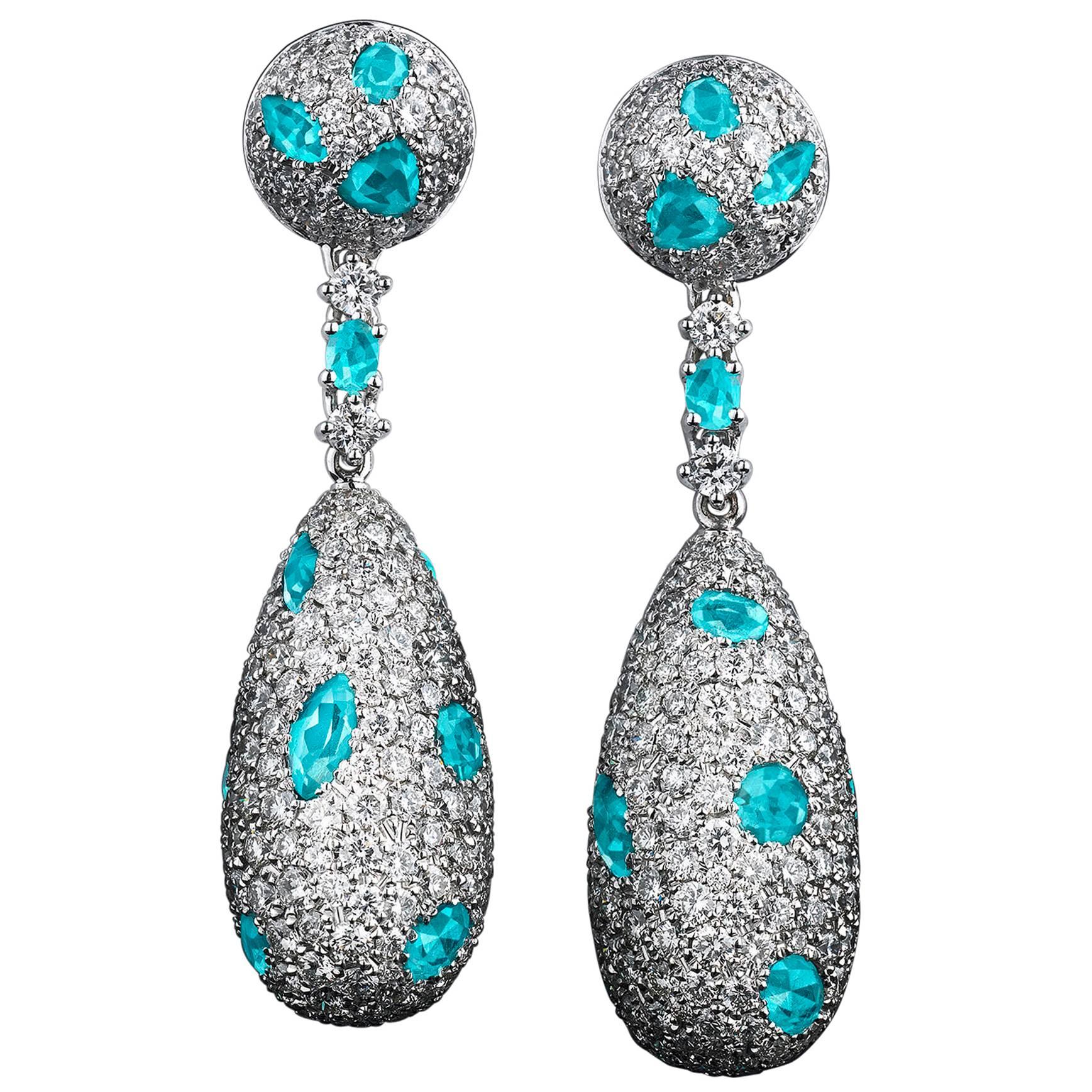 Paraiba Tourmaline Diamond Platinum Drop Earrings