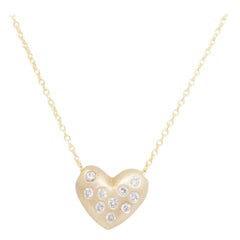 Matte Gold Heart with White Diamonds Pendant Necklace in 18k Yellow Gold