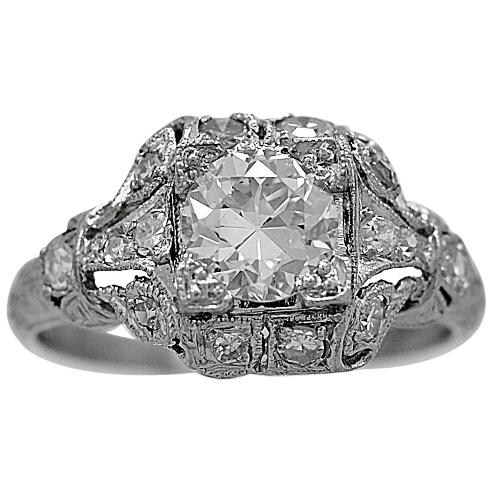 Art Deco .83 Carat Diamond Platinum Engagement Ring  For Sale